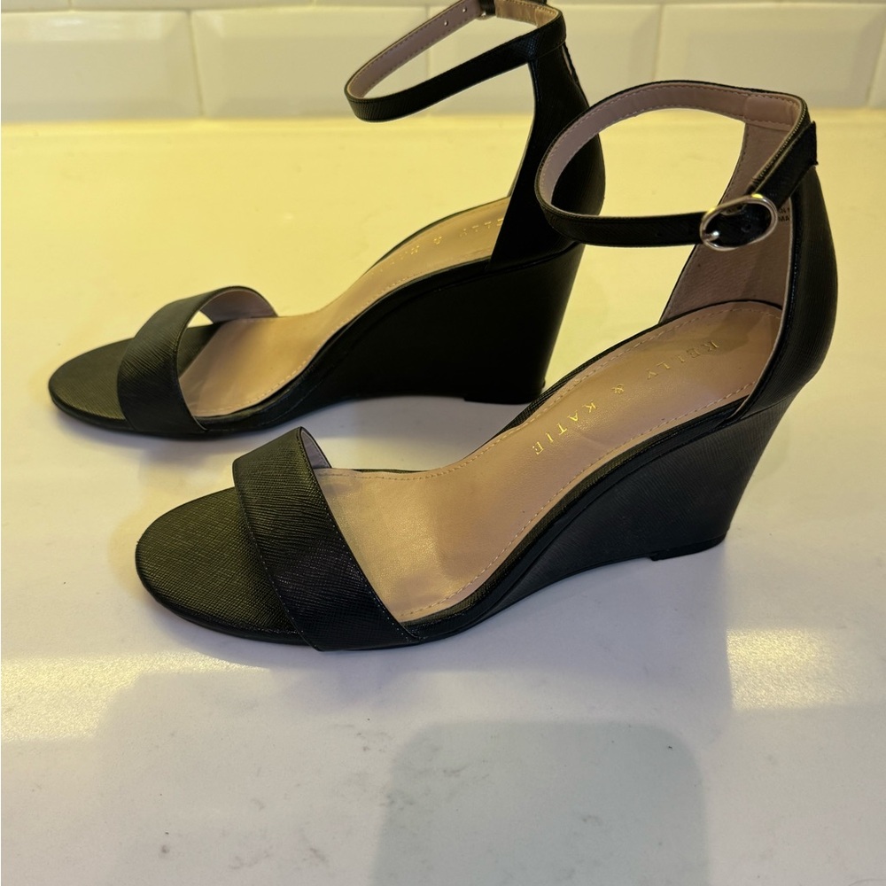Kelly & Katie Black Wedge Sandals with Ankle Strap